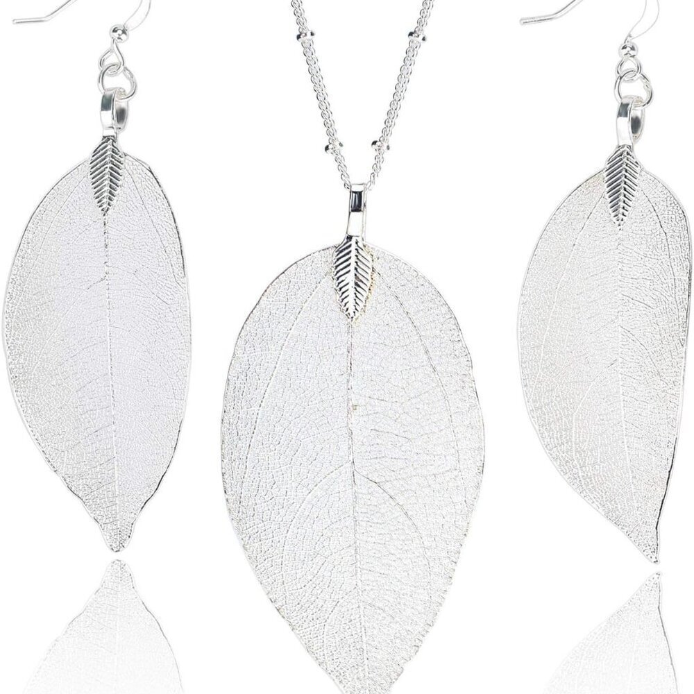 Filigree Leaf Jewelry Set Brass Dangle Necklace Earrings Women Gift